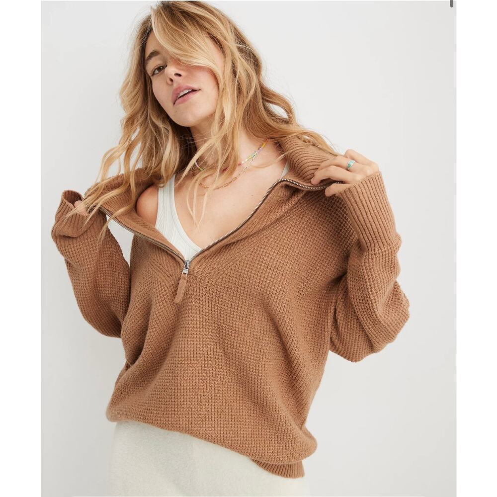 Aerie Oversized Medium Camel Brown Half-Zip Waffle Knit Sweater